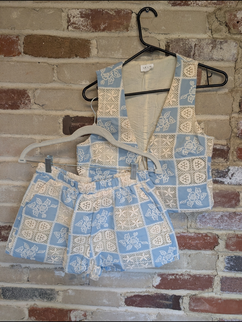 Le Lis Blue and Cream Patchwork Lace Shorts Set